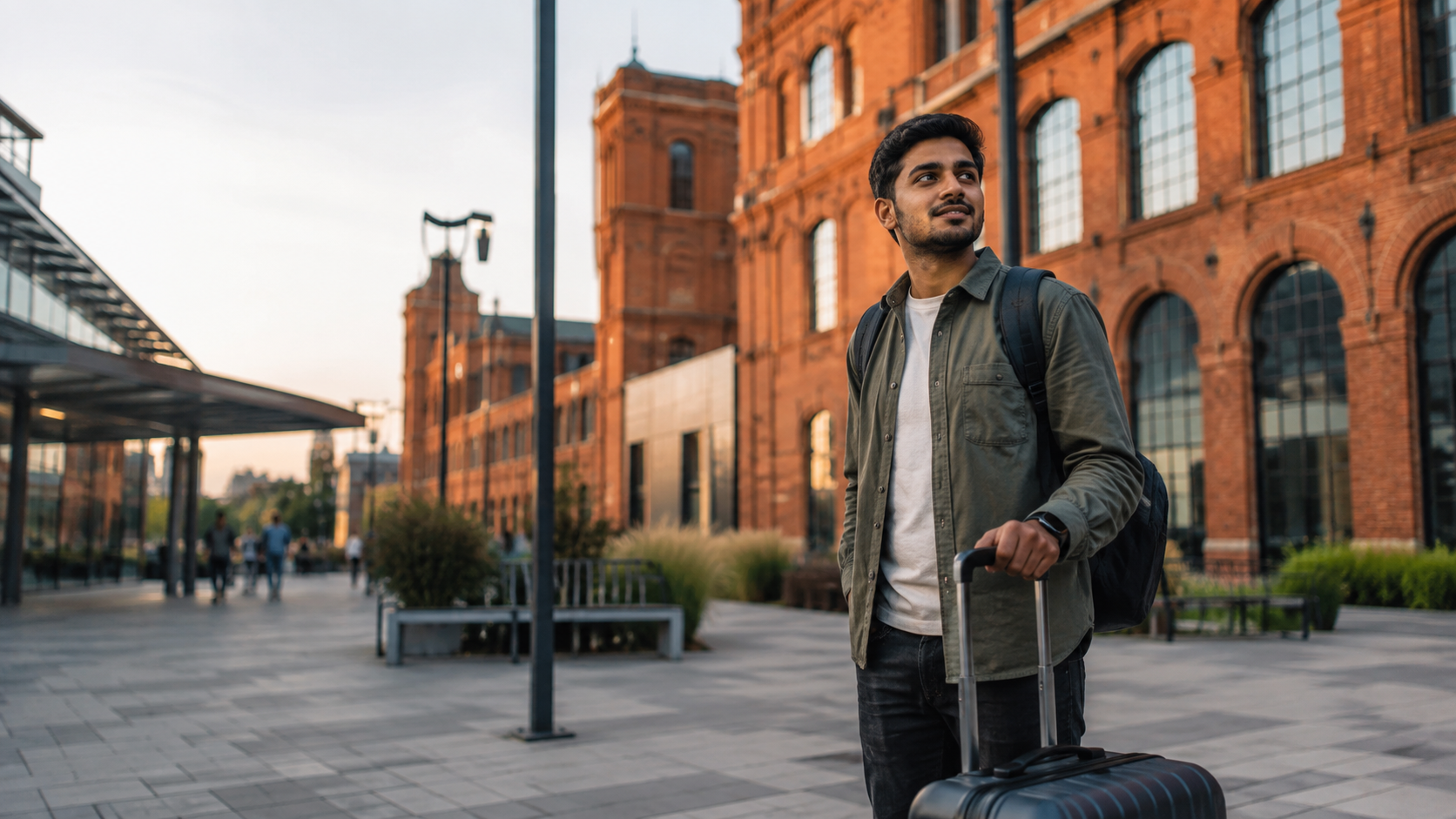 Software engineer newly arrived in Poland, walking past red-brick loft buildings in Łódź