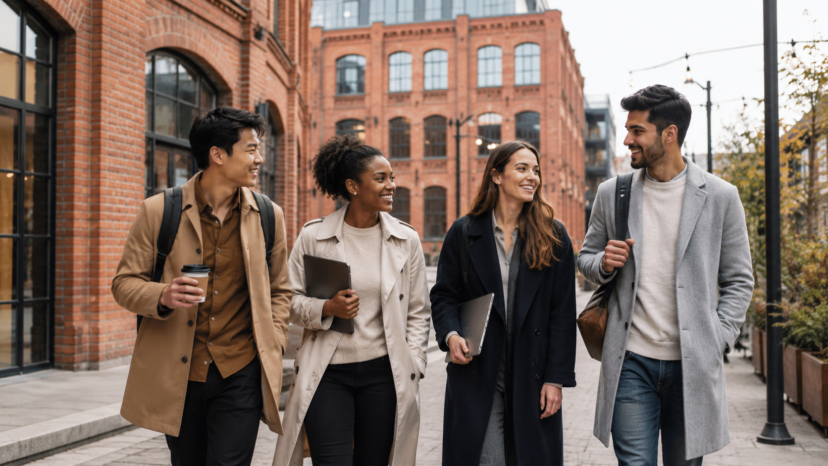 Engineers who moved to Poland from outside the EU walking between red-brick loft offices in Łódź