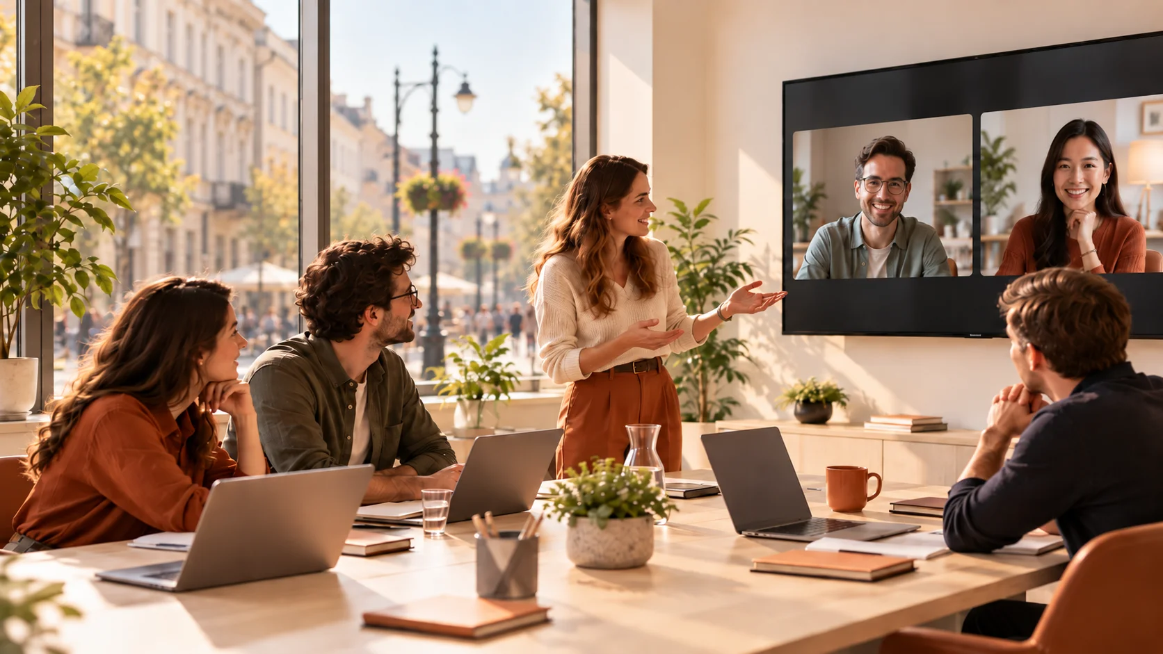 Software engineers at an R&D center in Poland on a video call with colleagues at head office